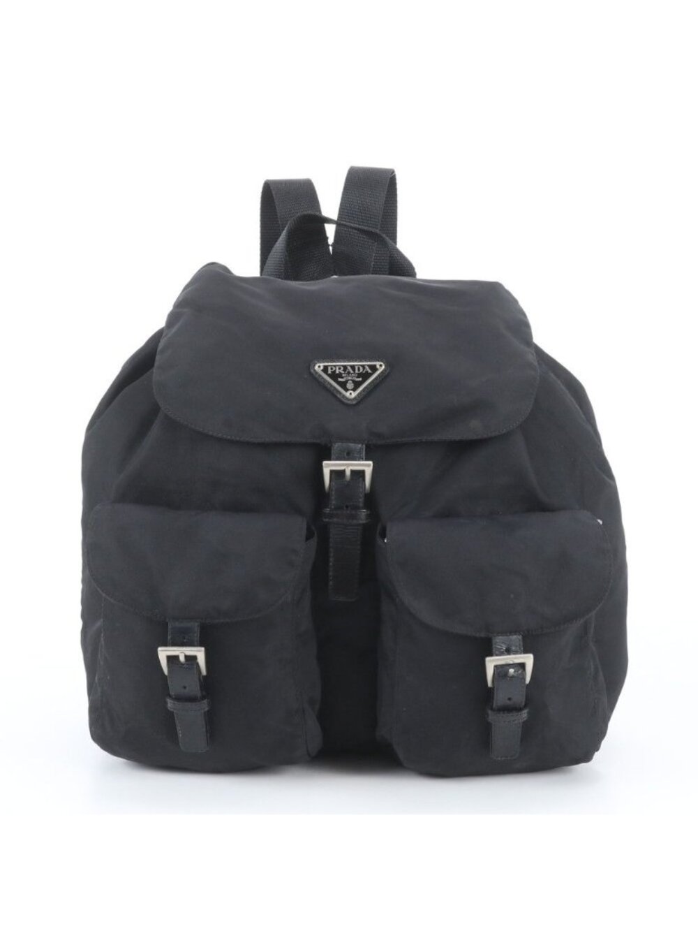 Prada Tessuto Nylon Triangle Logo Leather Backpack Black